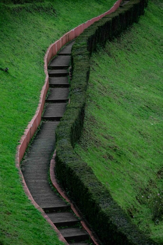 Terrain en pente aménagé avec paliers et escalier dans le jardin